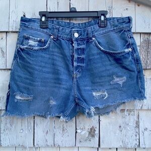 Boyfriend Distressed Button Fly Blue Denim
